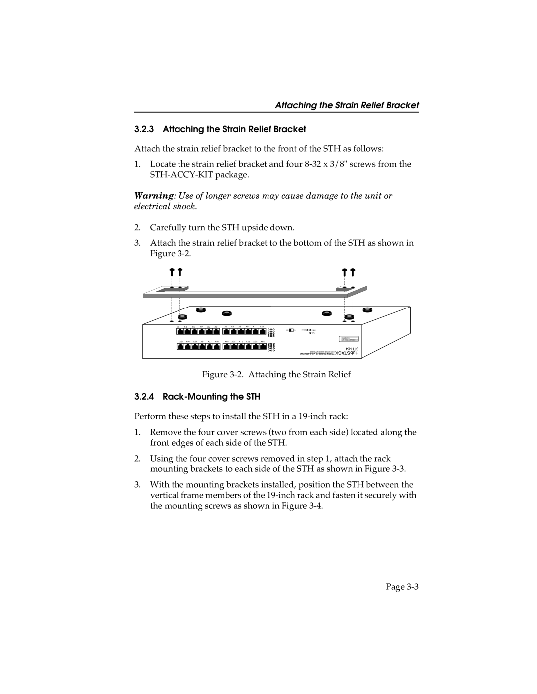 Cabletron Systems STHI-44, STH-22, 42, 24 manual Attaching the Strain Relief Bracket, Rack-Mounting the STH 