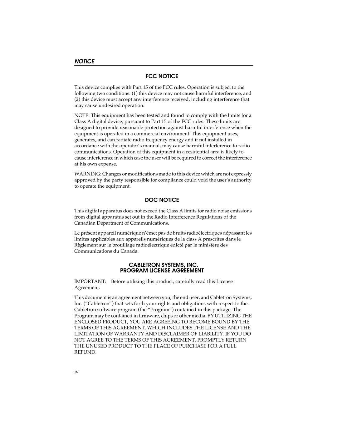 Cabletron Systems STHI manual Fcc Notice, Doc Notice, Cabletron Systems, Inc, Program License Agreement 