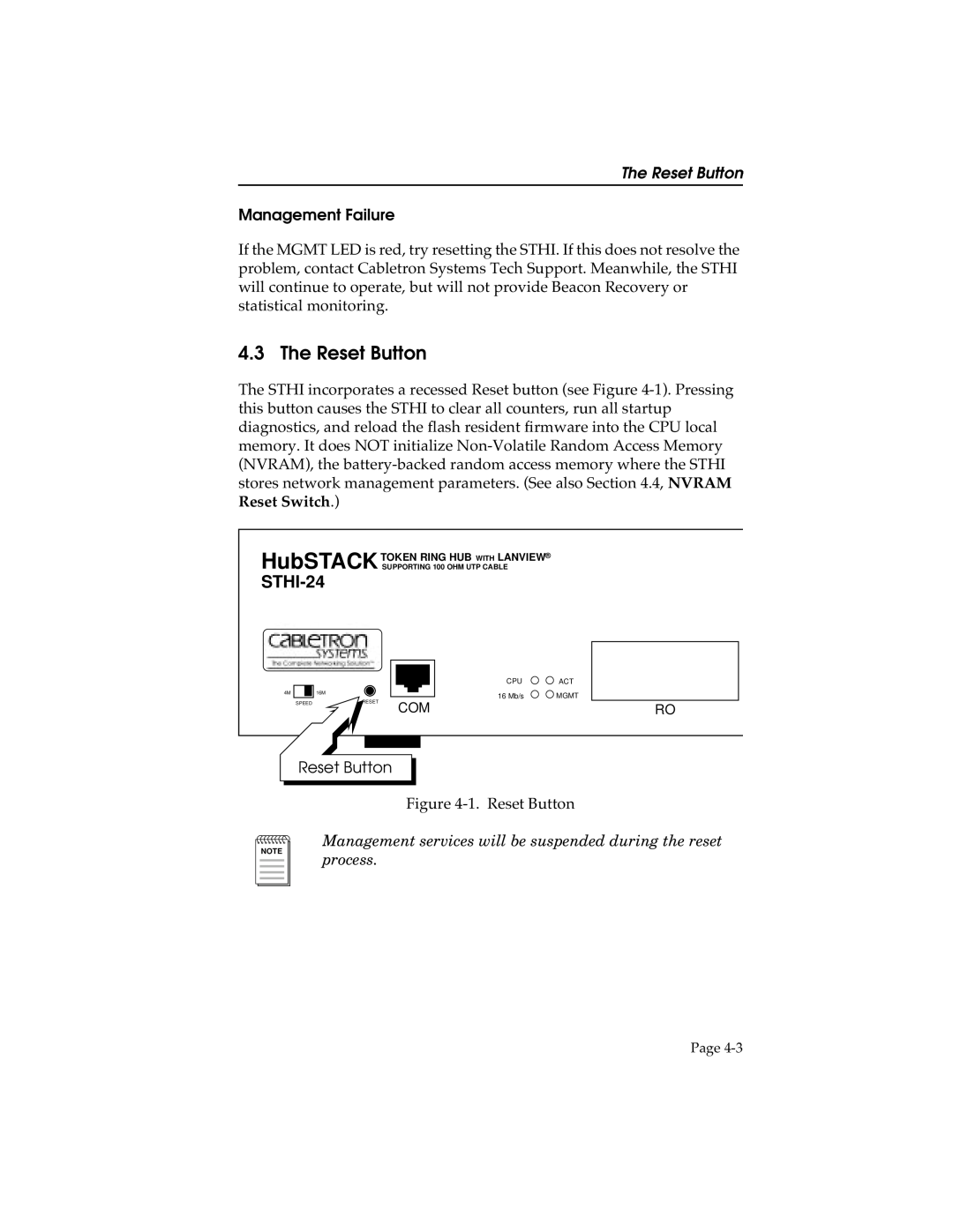 Cabletron Systems manual The Reset Button, STHI-24, Management Failure 