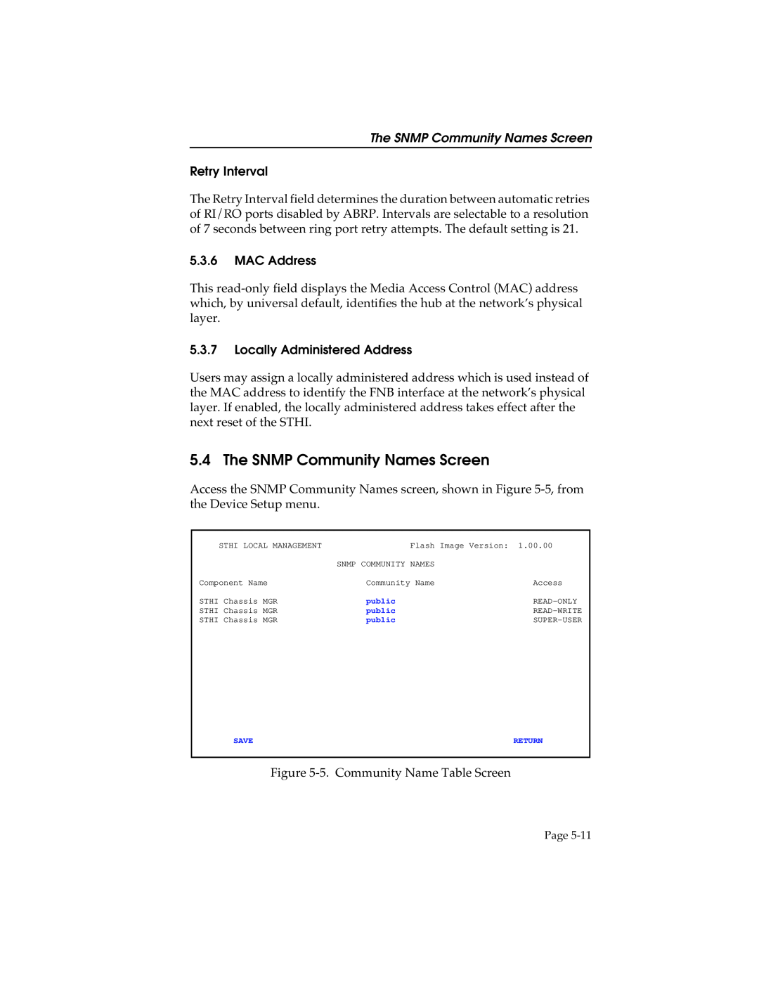 Cabletron Systems STHI manual The SNMP Community Names Screen, Retry Interval, MAC Address, Locally Administered Address 