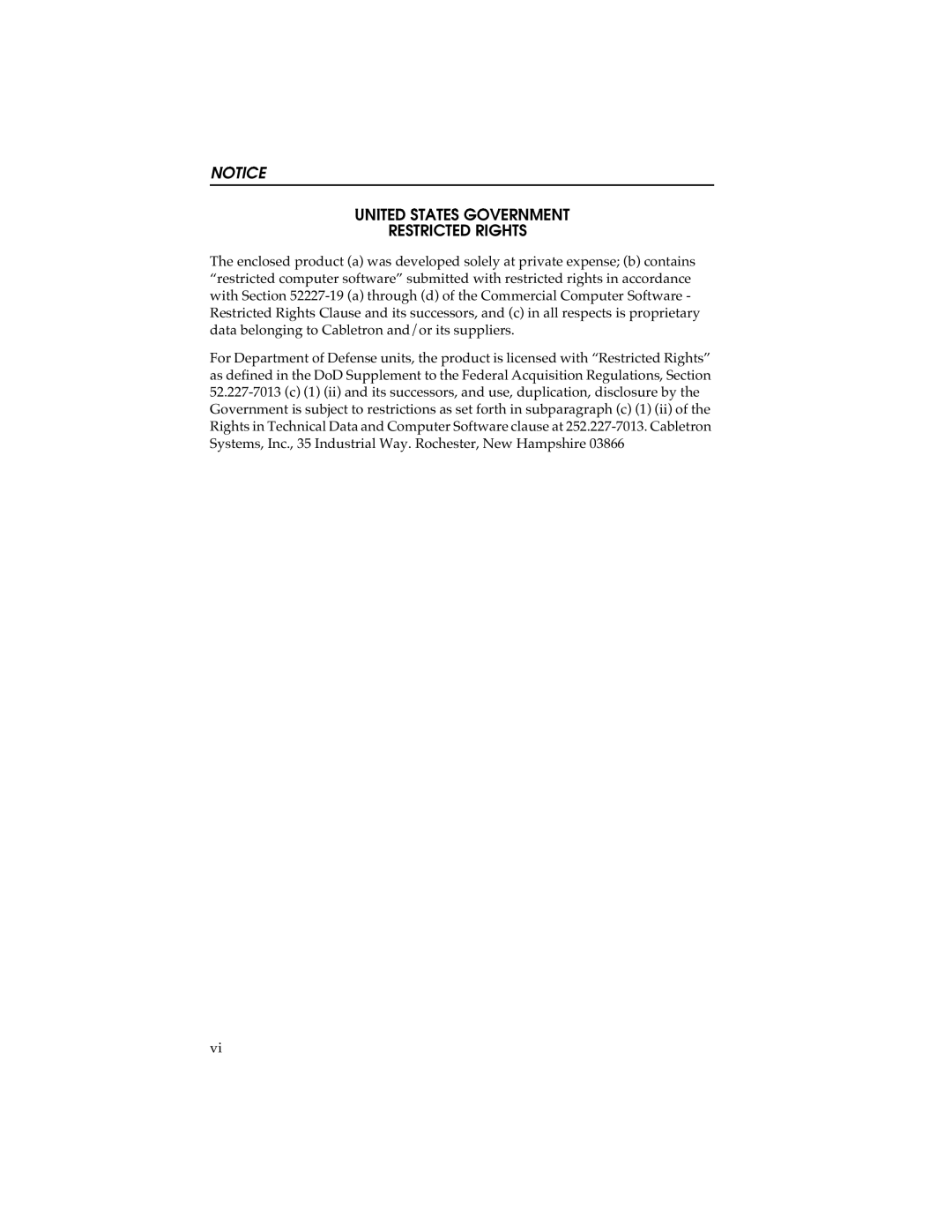 Cabletron Systems STHI manual United States Government, Restricted Rights 