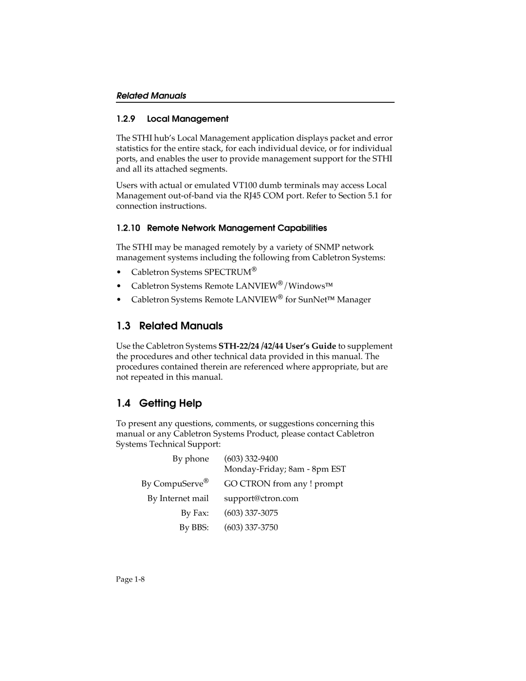 Cabletron Systems STHI manual Related Manuals, Getting Help, Local Management, Remote Network Management Capabilities 