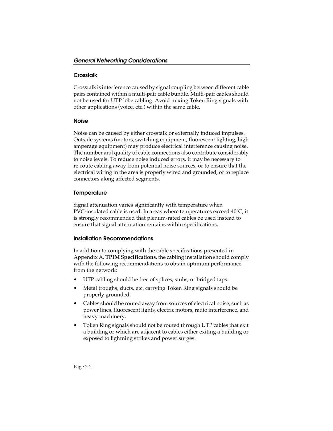 Cabletron Systems STHI General Networking Considerations, Crosstalk, Noise, Temperature, Installation Recommendations 