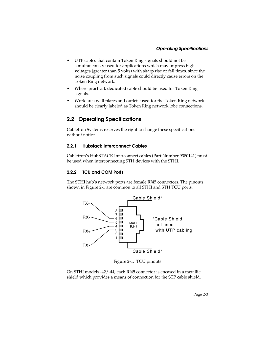 Cabletron Systems STHI manual Operating Specifications, Hubstack Interconnect Cables, TCU and COM Ports 