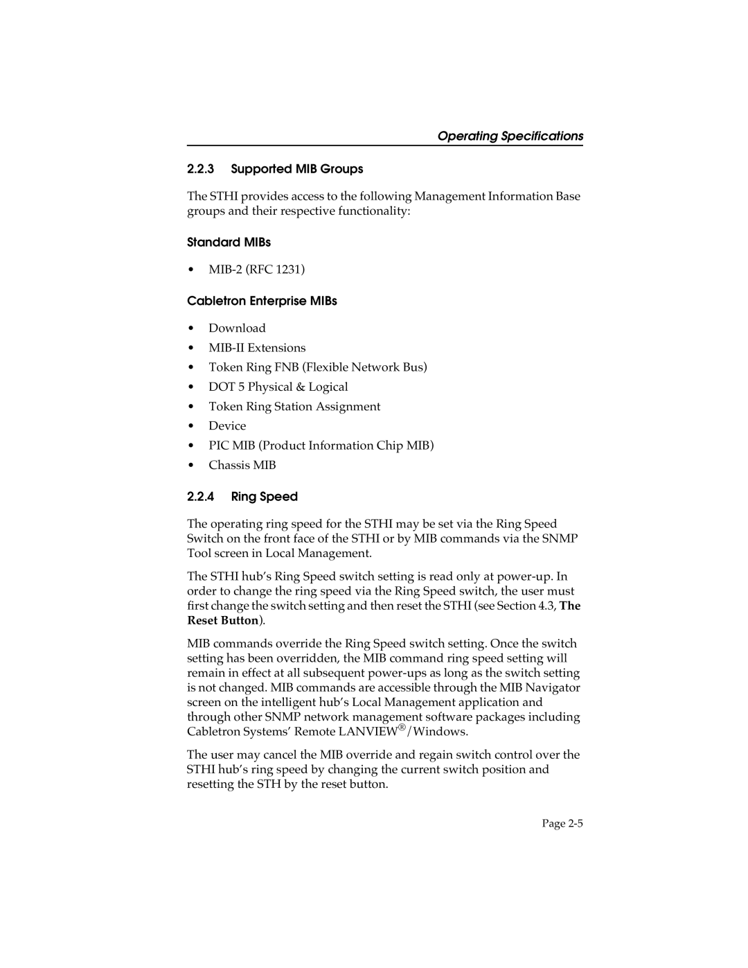 Cabletron Systems STHI manual Supported MIB Groups, Standard MIBs, Cabletron Enterprise MIBs, Ring Speed 