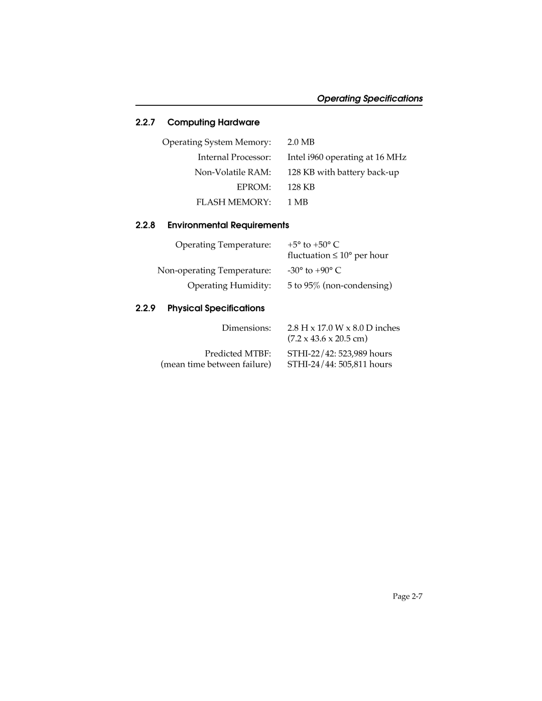 Cabletron Systems STHI manual Computing Hardware, Environmental Requirements, Physical Specifications 