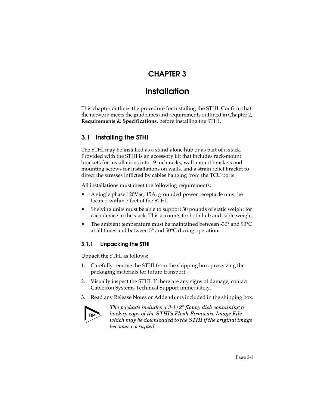 Cabletron Systems STHI manual Installing the Sthi, Unpacking the Sthi 