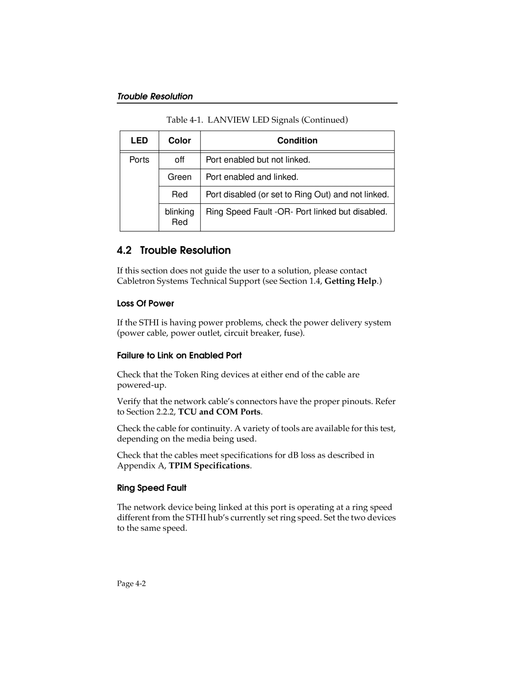 Cabletron Systems STHI manual Trouble Resolution, Loss Of Power, Failure to Link on Enabled Port, Ring Speed Fault 