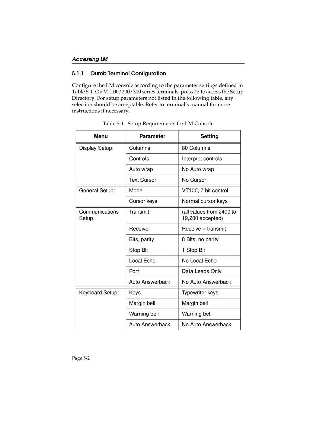 Cabletron Systems STHI manual Accessing LM, Dumb Terminal Configuration, Menu Parameter Setting 