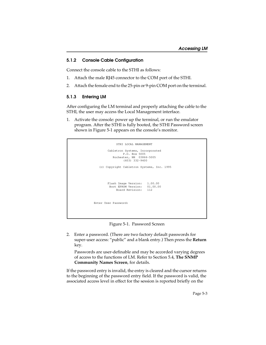 Cabletron Systems STHI manual Console Cable Configuration, Entering LM 