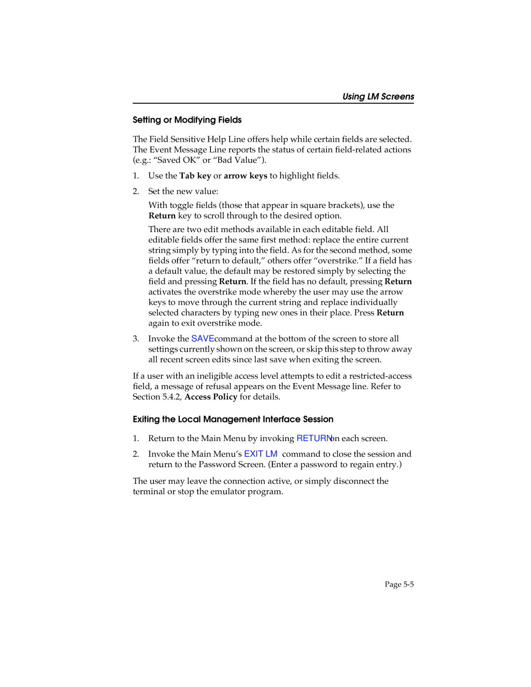 Cabletron Systems STHI manual Setting or Modifying Fields, Exiting the Local Management Interface Session 