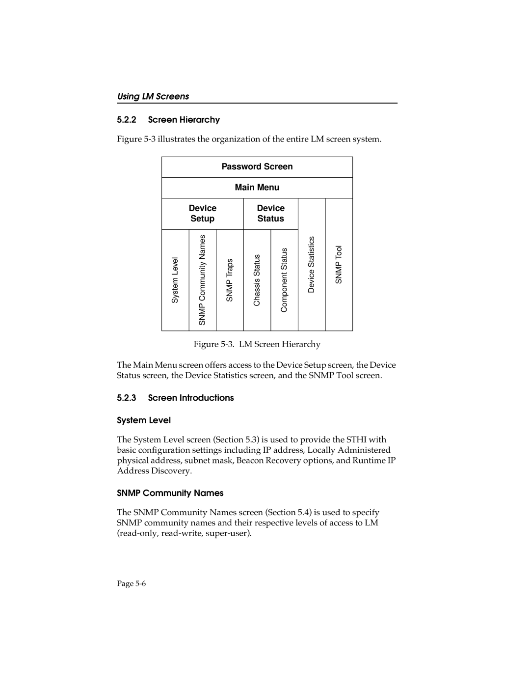 Cabletron Systems STHI Screen Hierarchy, Password Screen Main Menu Device Setup Status, Screen Introductions, System Level 