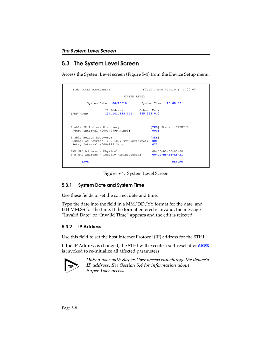 Cabletron Systems STHI manual System Level Screen, System Date and System Time, IP Address 