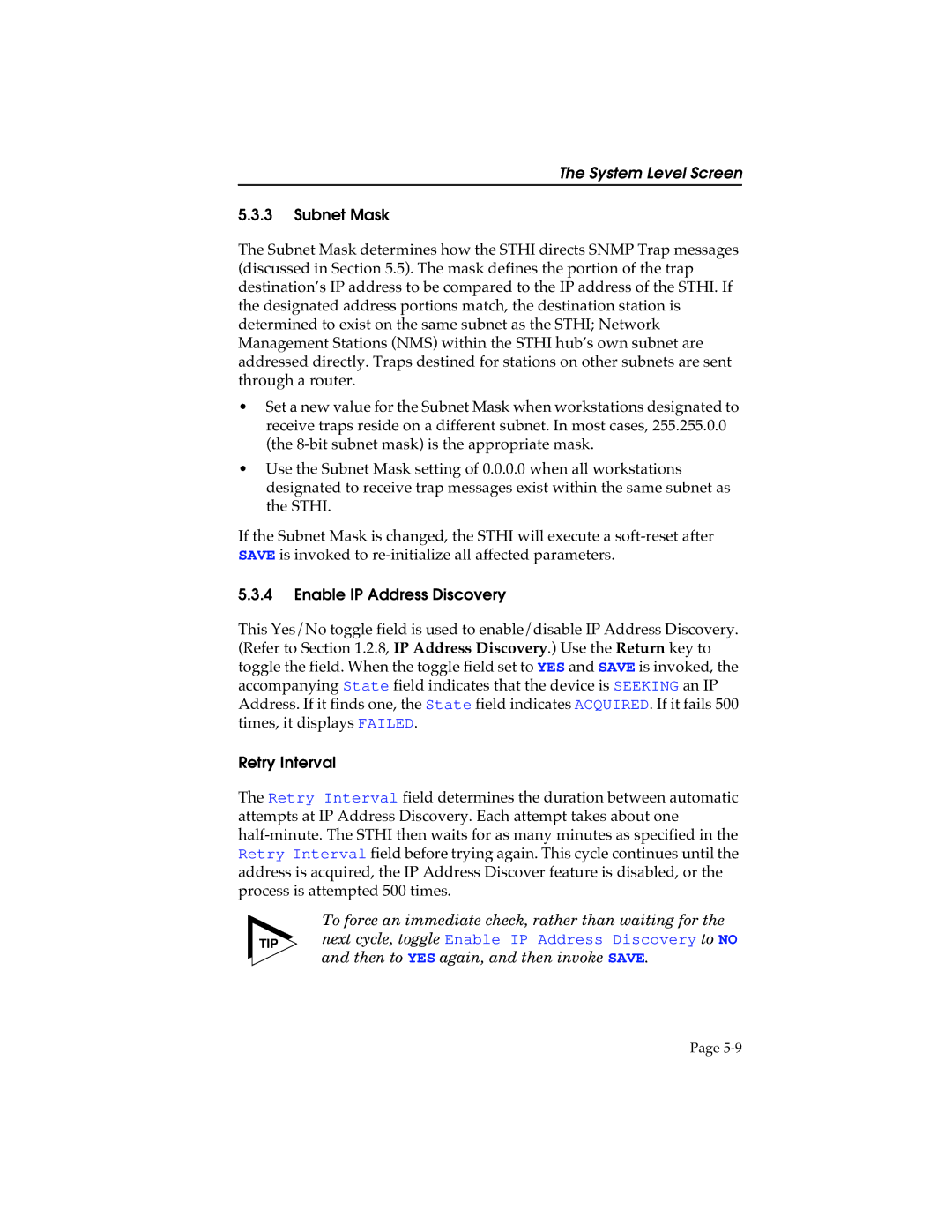 Cabletron Systems STHI manual Subnet Mask, Enable IP Address Discovery, Retry Interval 