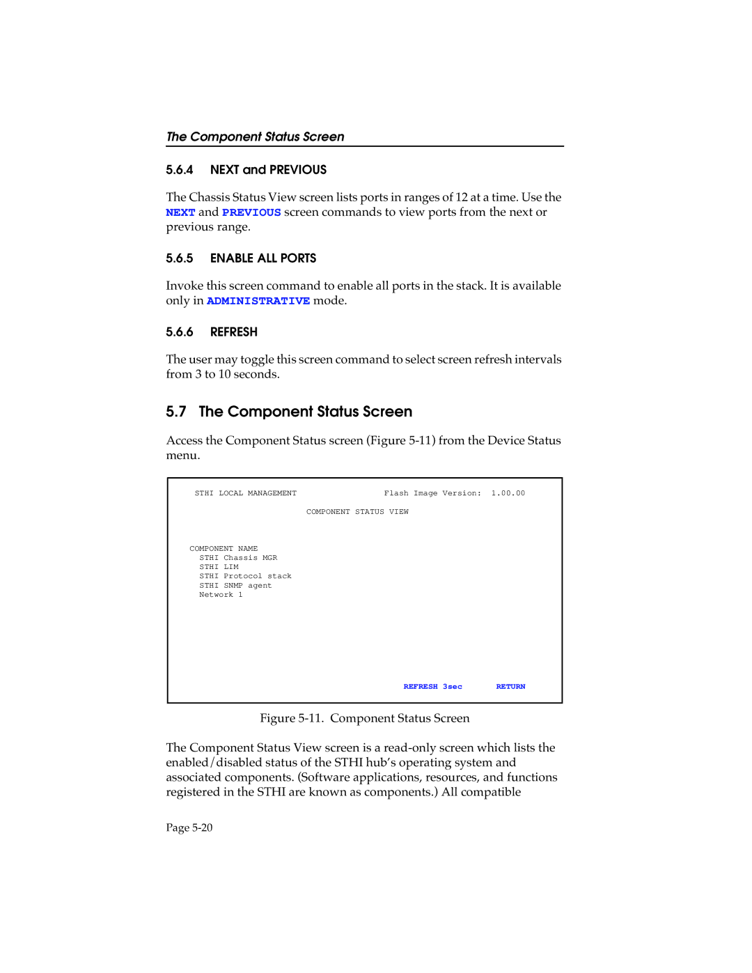 Cabletron Systems STHI manual Component Status Screen, Next and Previous 