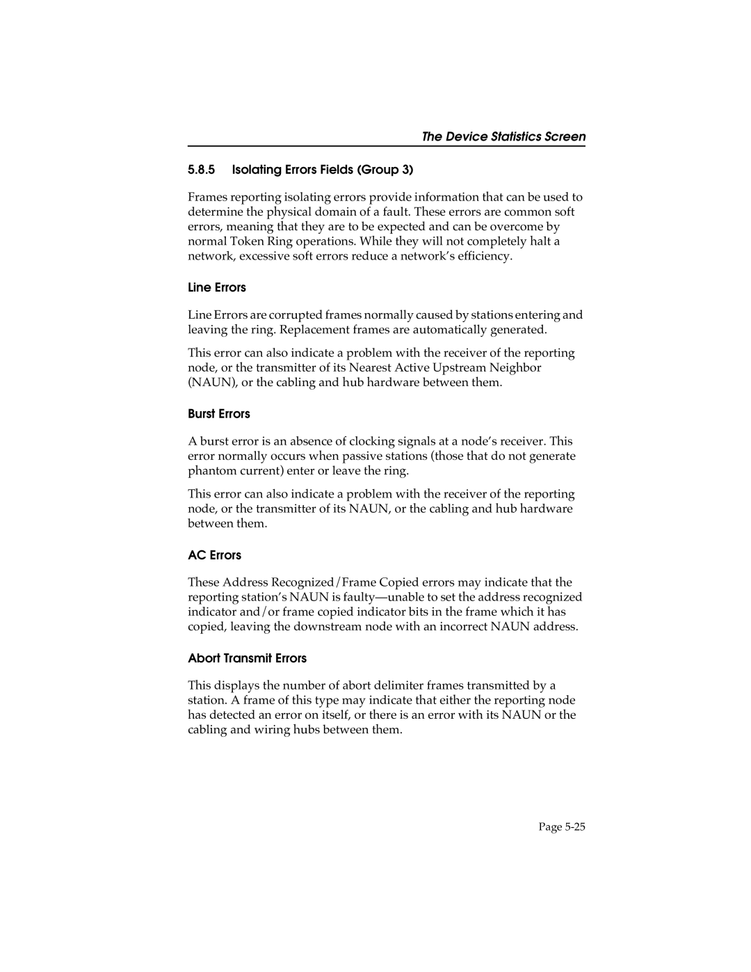 Cabletron Systems STHI manual Isolating Errors Fields Group, Line Errors, Burst Errors, AC Errors, Abort Transmit Errors 