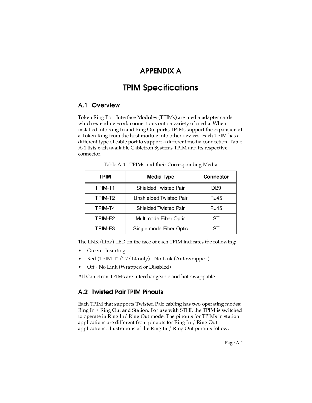 Cabletron Systems STHI manual Overview, Twisted Pair Tpim Pinouts 