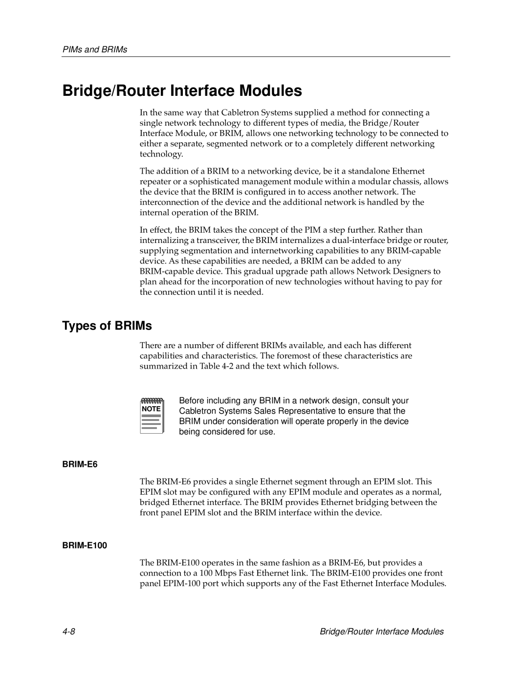 Cabletron Systems switches, bridges manual Bridge/Router Interface Modules, Types of BRIMs 