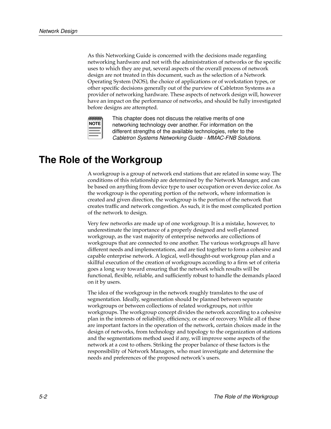 Cabletron Systems switches, bridges manual Role of the Workgroup, Network Design 