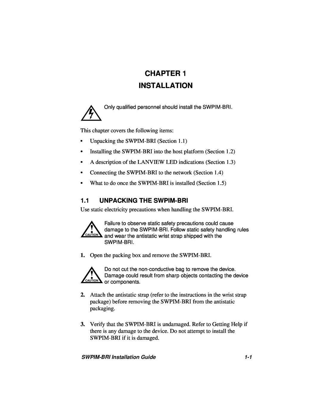 Cabletron Systems SWPIM-BRI manual Chapter Installation, Unpacking The Swpim-Bri 