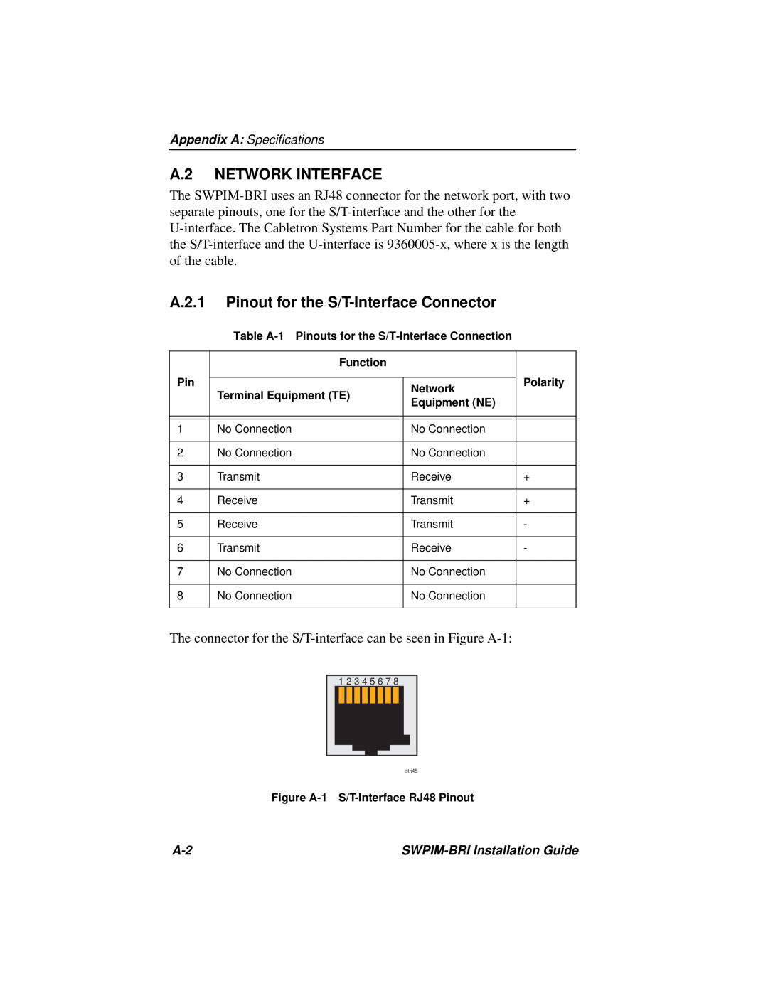 Cabletron Systems SWPIM-BRI manual A.2 NETWORK INTERFACE, A.2.1 Pinout for the S/T-Interface Connector 
