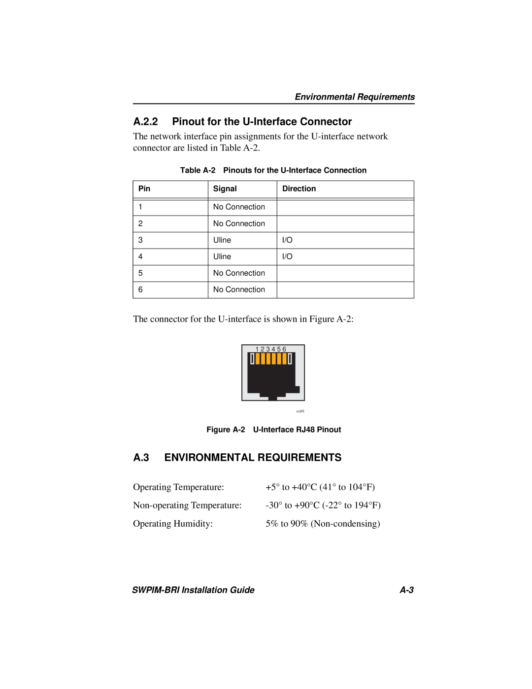 Cabletron Systems SWPIM-BRI manual A.2.2 Pinout for the U-Interface Connector, A.3 ENVIRONMENTAL REQUIREMENTS 