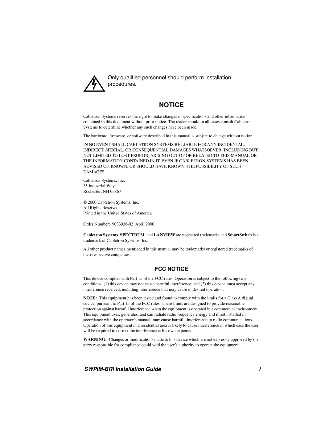 Cabletron Systems manual Fcc Notice, SWPIM-BRI Installation Guide 