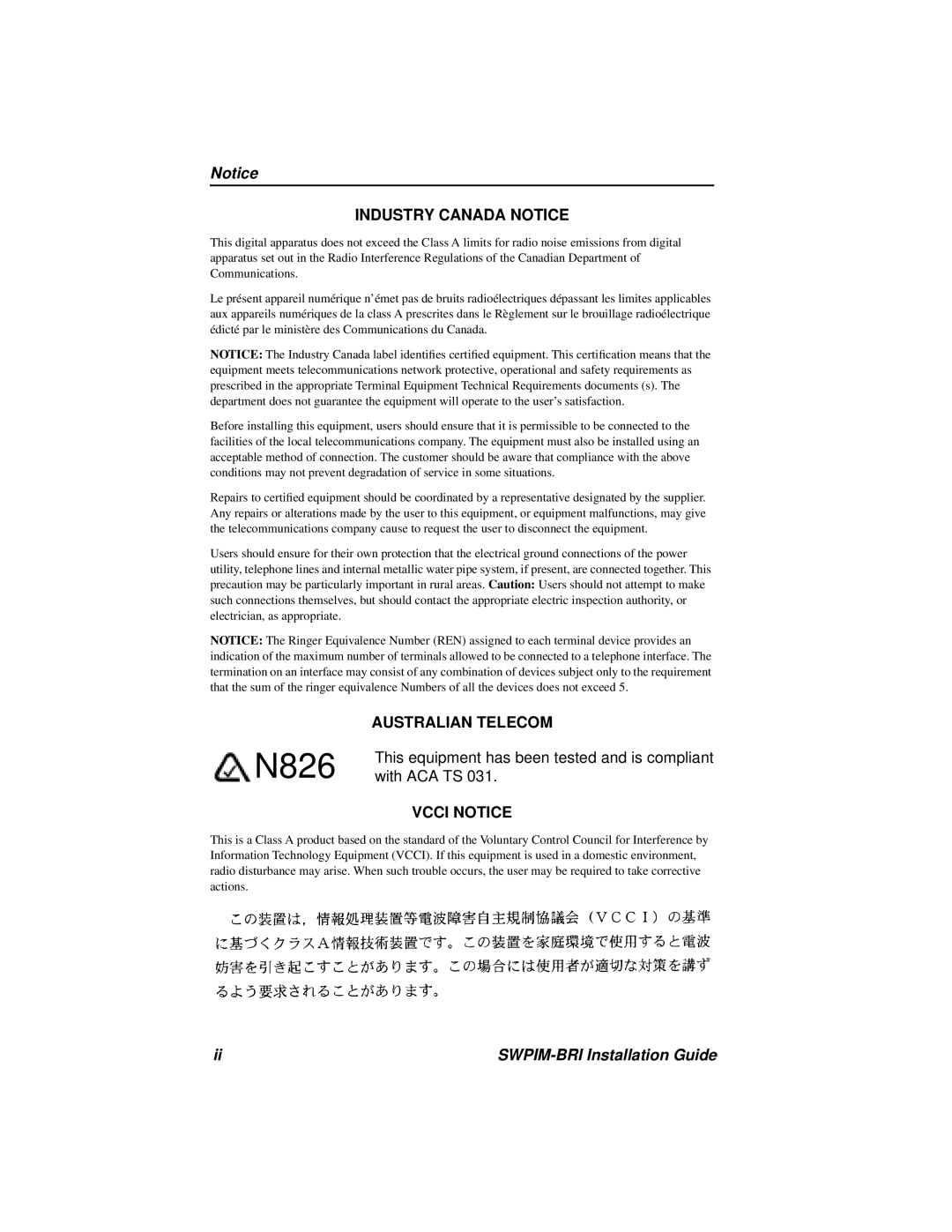Cabletron Systems manual N826, Industry Canada Notice, Australian Telecom, Vcci Notice, SWPIM-BRI Installation Guide 