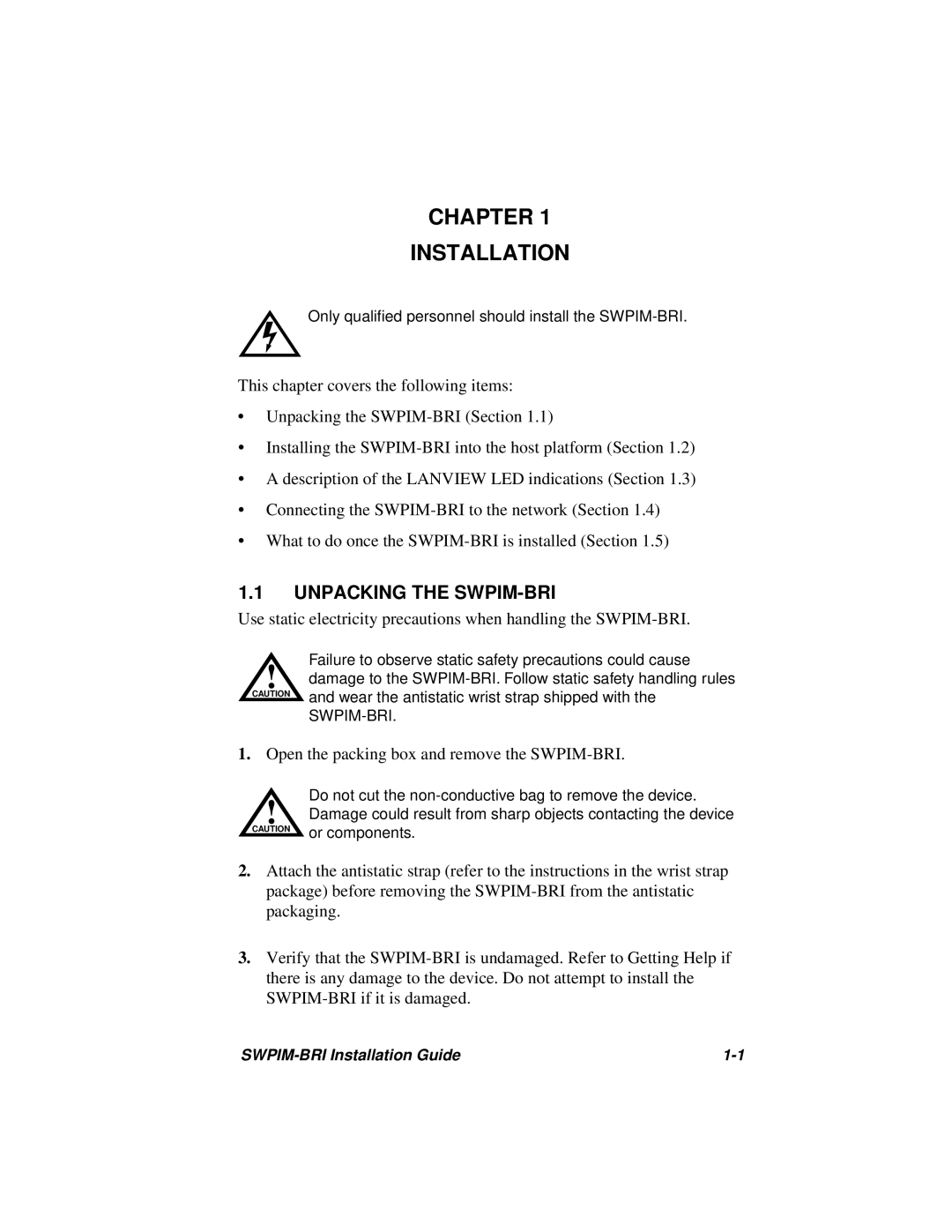 Cabletron Systems manual Chapter Installation, Unpacking the SWPIM-BRI 