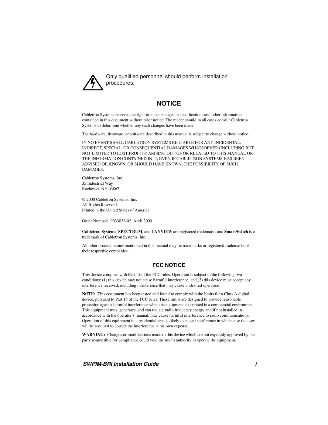 Cabletron Systems manual FCC Notice, SWPIM-BRI Installation Guide 