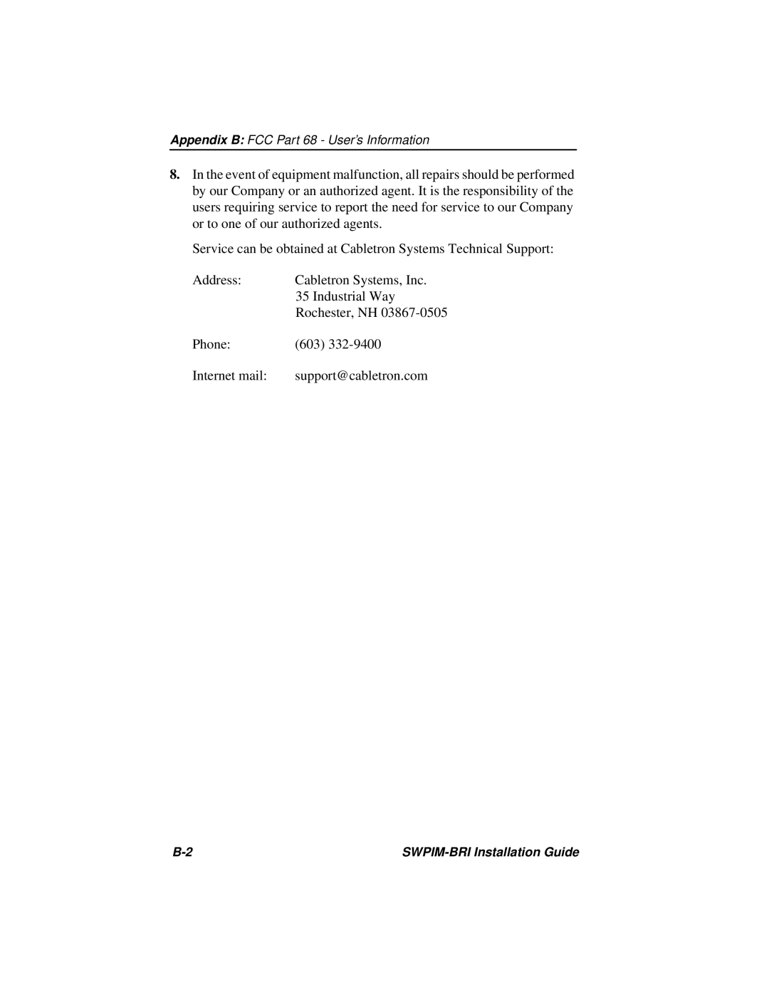 Cabletron Systems SWPIM-BRI manual Appendix B FCC Part 68 User’s Information 