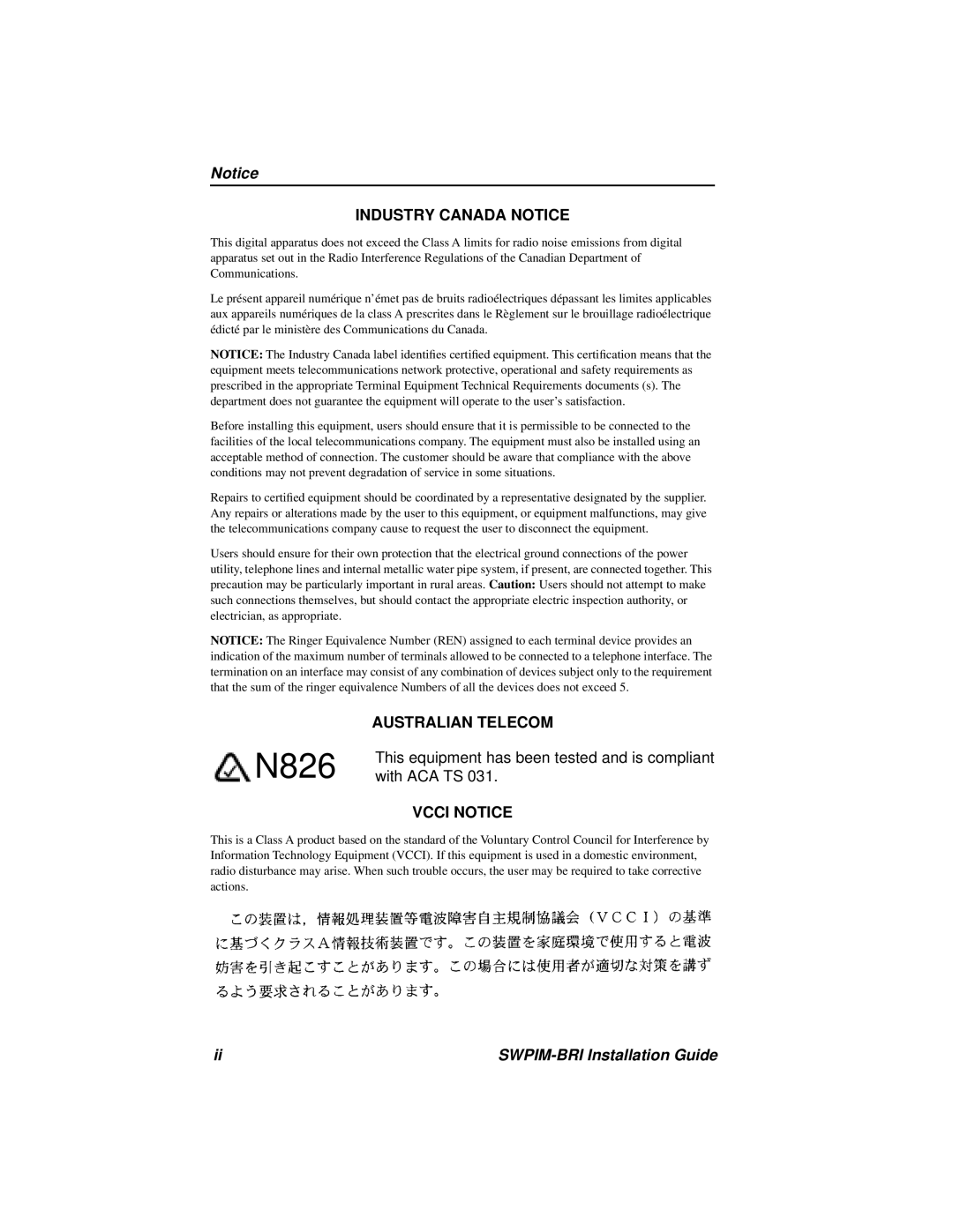 Cabletron Systems SWPIM-BRI manual Industry Canada Notice, Australian Telecom, Vcci Notice 