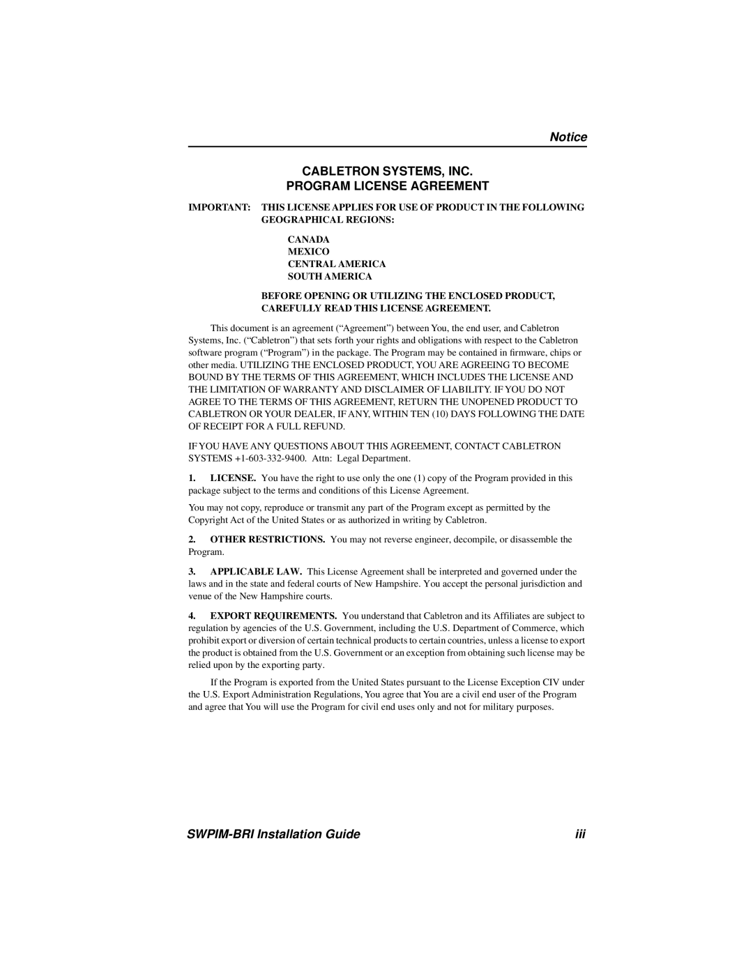 Cabletron Systems SWPIM-BRI manual Cabletron SYSTEMS, INC Program License Agreement, Iii 