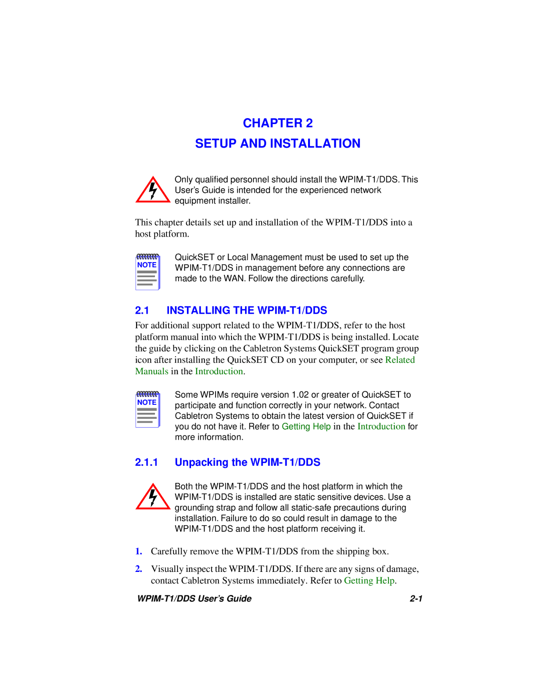 Cabletron Systems manual Chapter Setup and Installation, Installing the WPIM-T1/DDS, Unpacking the WPIM-T1/DDS 