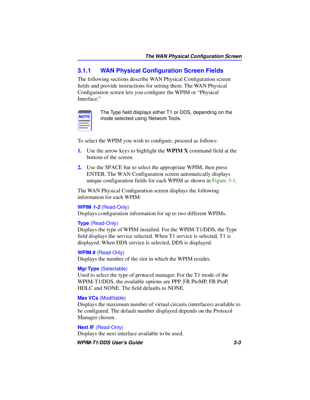 Cabletron Systems T1 manual WAN Physical Conﬁguration Screen Fields 