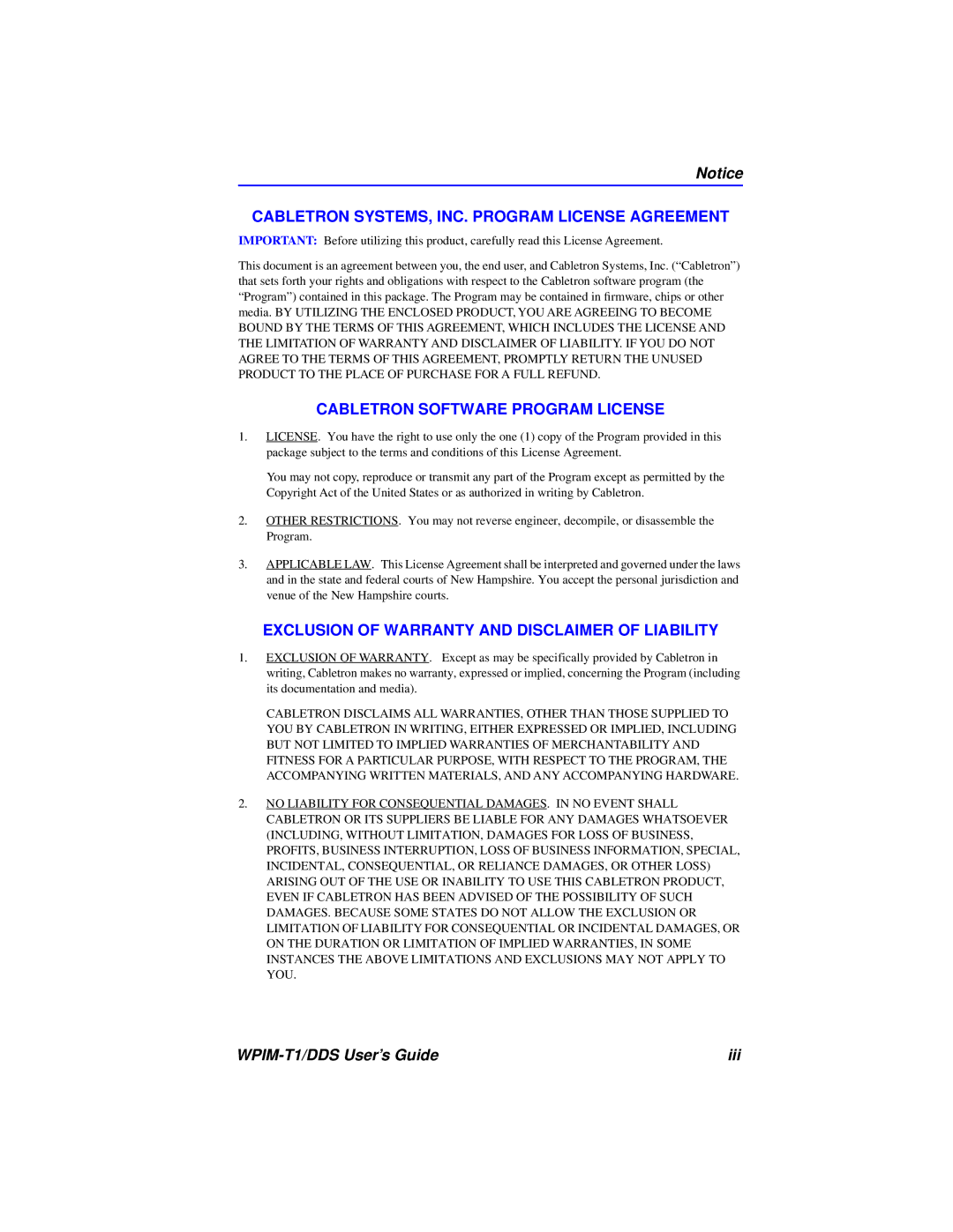 Cabletron Systems T1 manual Cabletron SYSTEMS, INC. Program License Agreement 