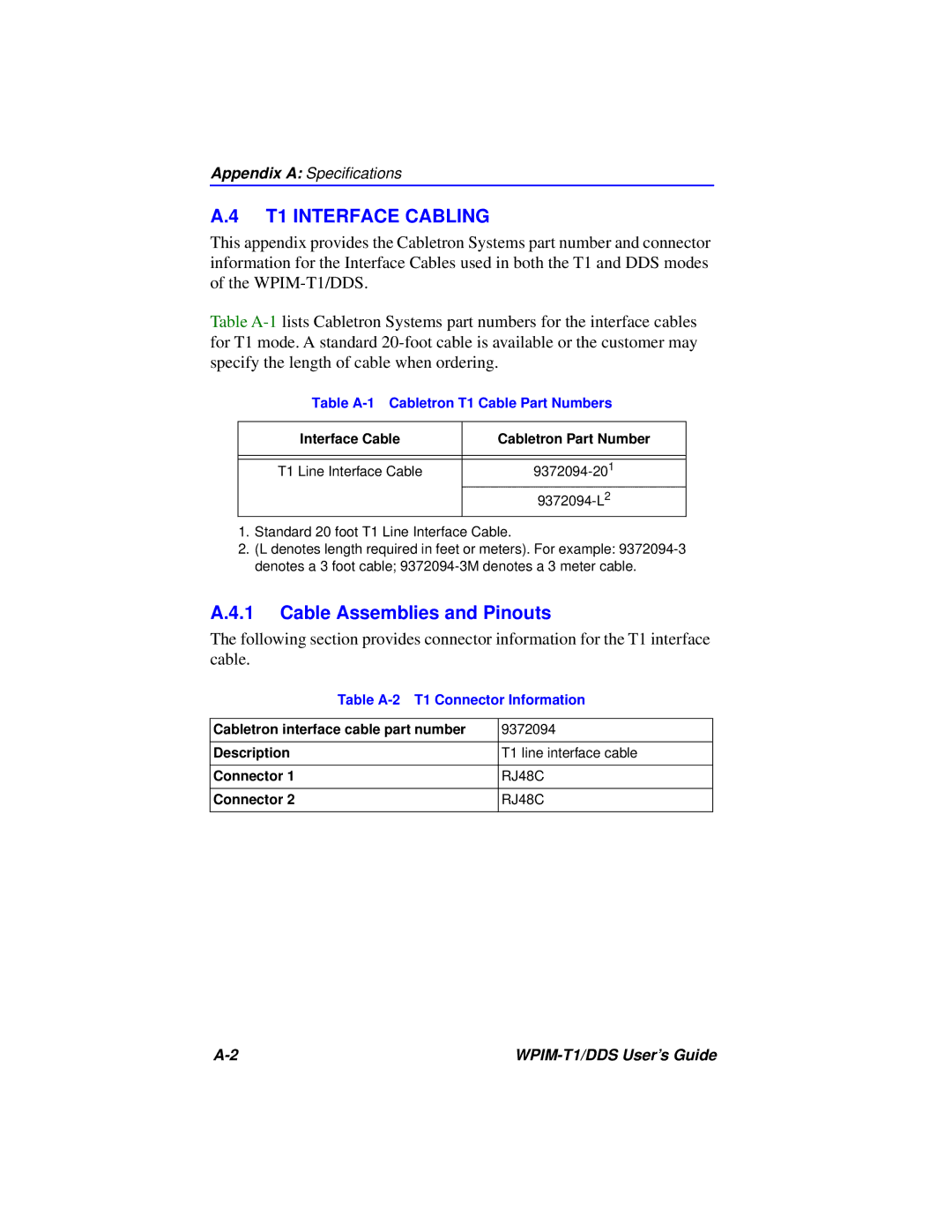 Cabletron Systems manual T1 Interface Cabling, Cable Assemblies and Pinouts 