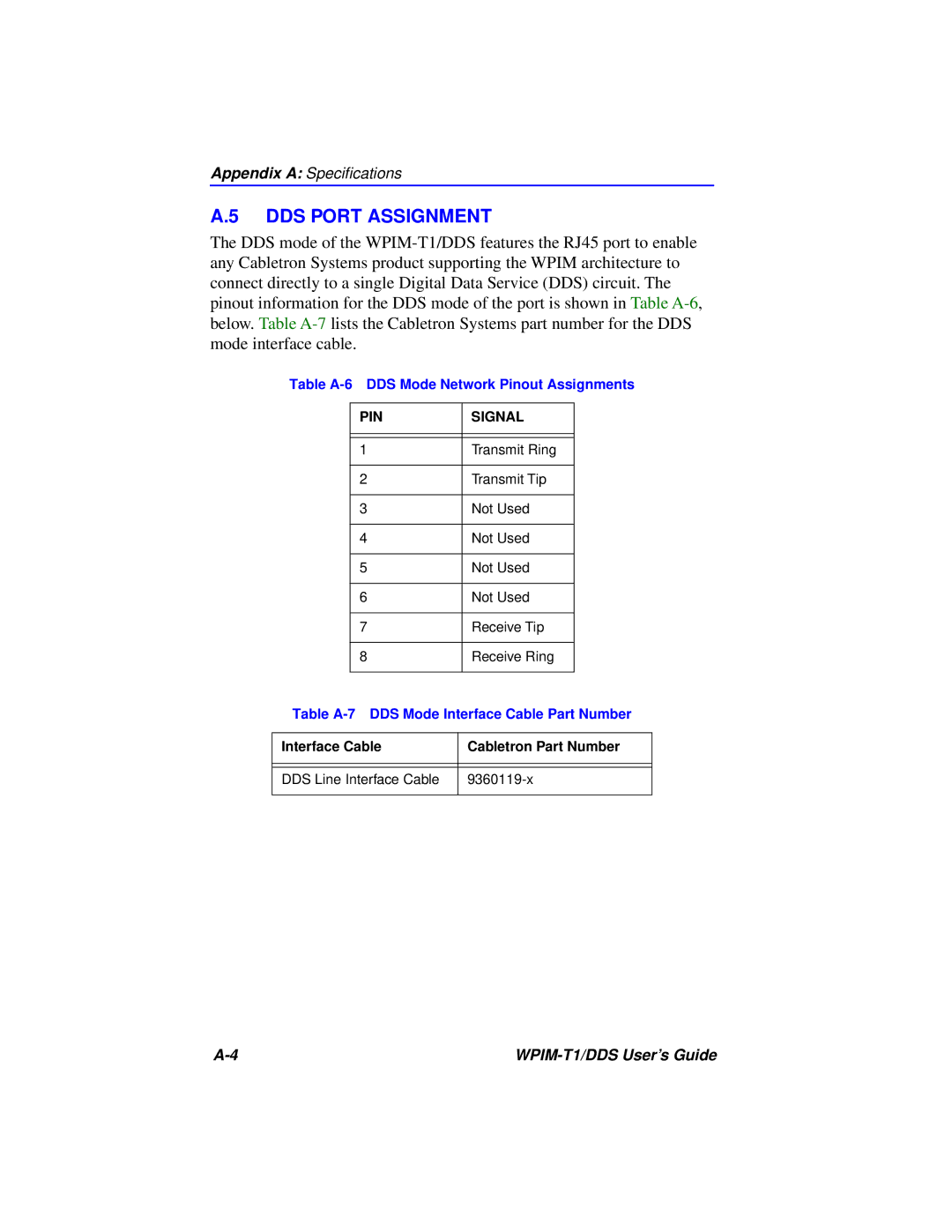 Cabletron Systems T1 manual DDS Port Assignment, PIN Signal 