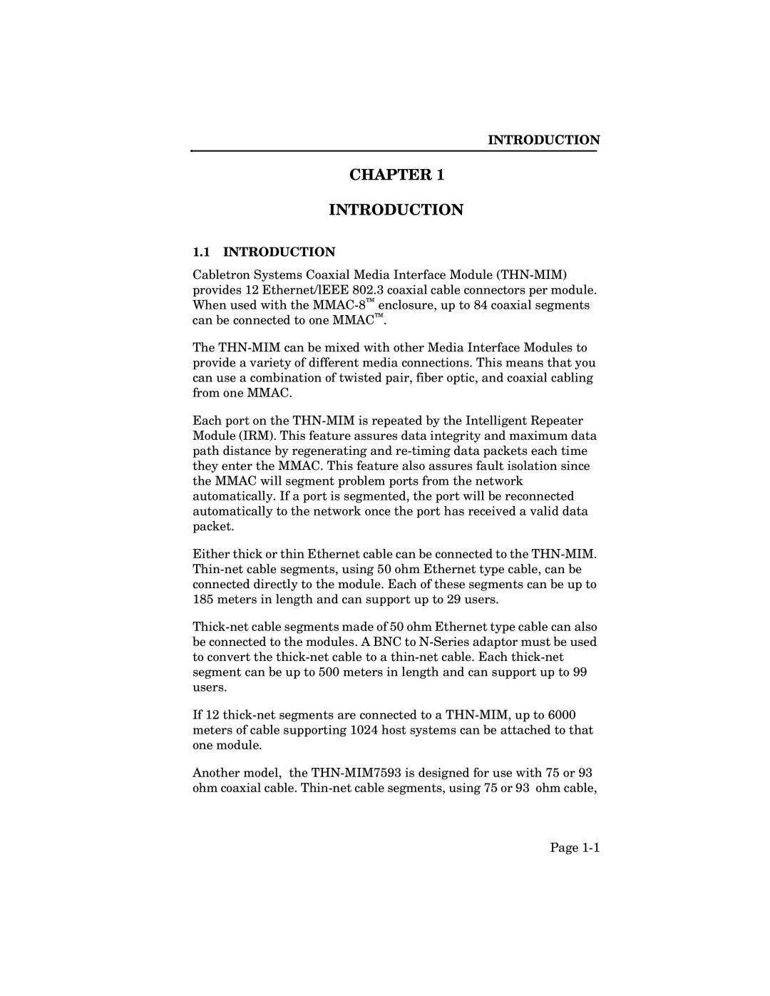 Cabletron Systems THN-MIM manual Chapter Introduction 