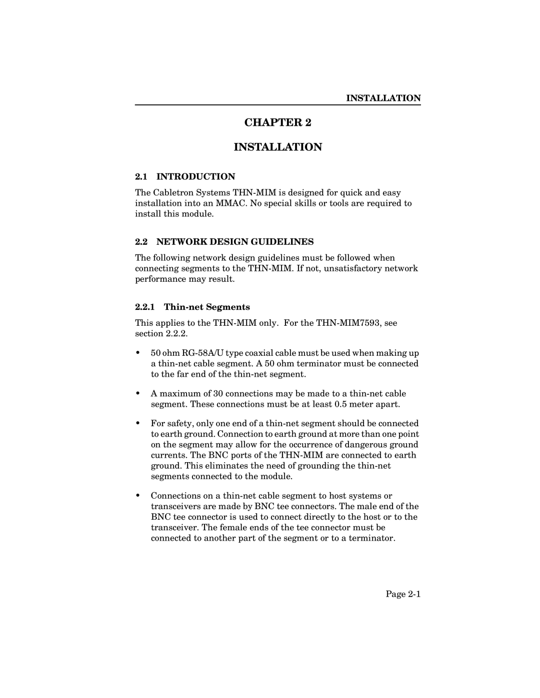 Cabletron Systems THN-MIM manual Chapter Installation, Network Design Guidelines, Thin-net Segments 