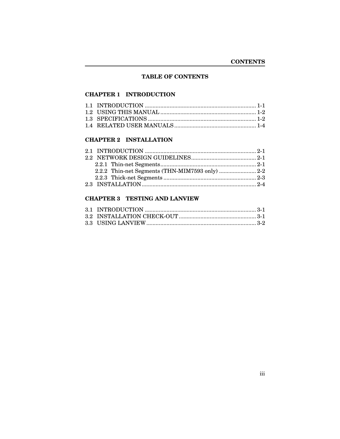 Cabletron Systems THN-MIM manual Table of Contents Introduction, Installation, Testing and Lanview 