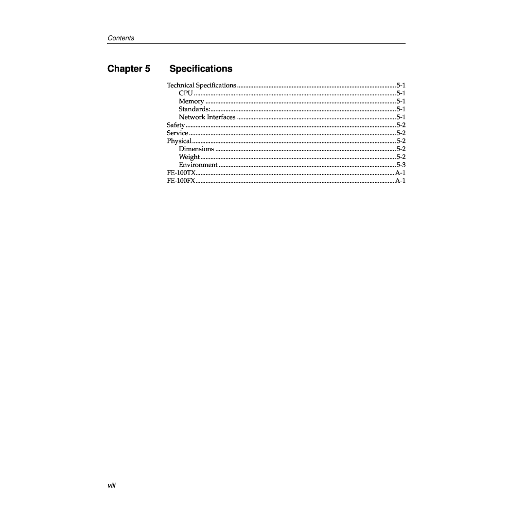 Cabletron Systems TRFMIM-28 manual Speciﬁcations, Chapter, Contents, viii 