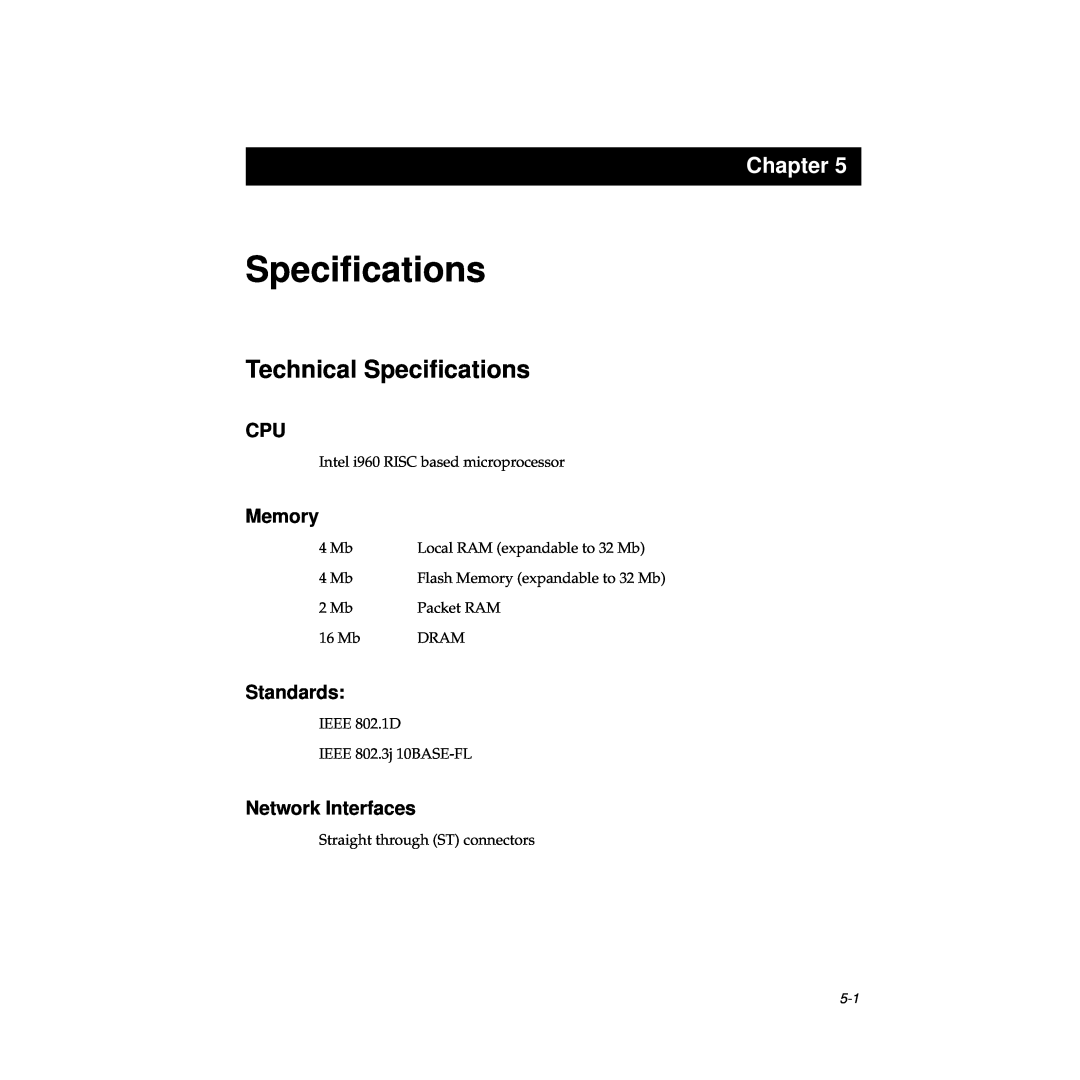 Cabletron Systems TRFMIM-28 manual Technical Speciﬁcations, Memory, Standards, Network Interfaces, Chapter 