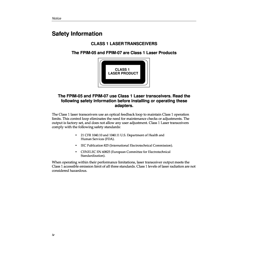 Cabletron Systems TRFMIM-28 manual Safety Information, CLASS 1 LASER TRANSCEIVERS 