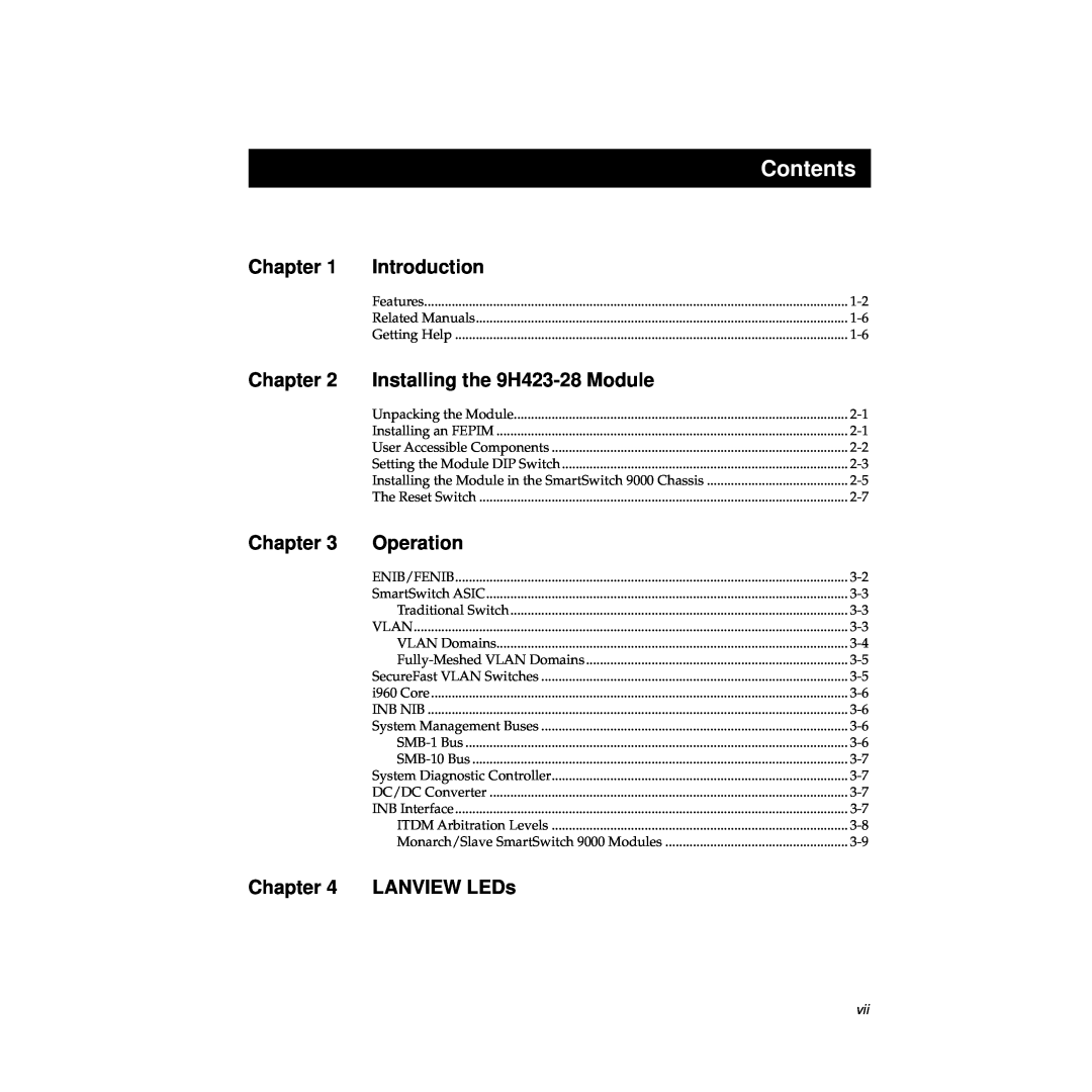 Cabletron Systems TRFMIM-28 manual Contents, Chapter, Introduction, Installing the 9H423-28 Module, Operation, LANVIEW LEDs 