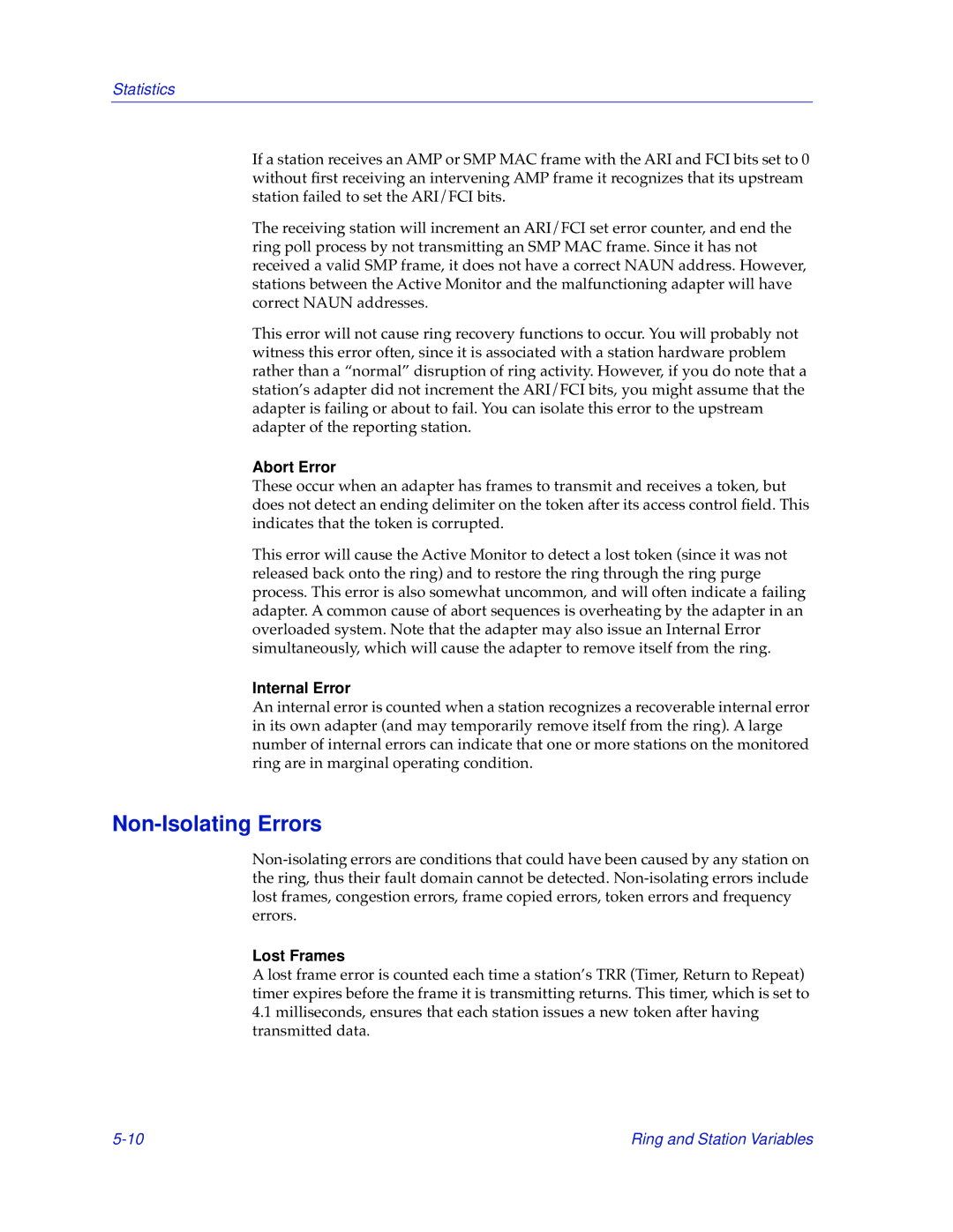 Cabletron Systems TRMMIM manual Non-Isolating Errors, Abort Error, Internal Error 