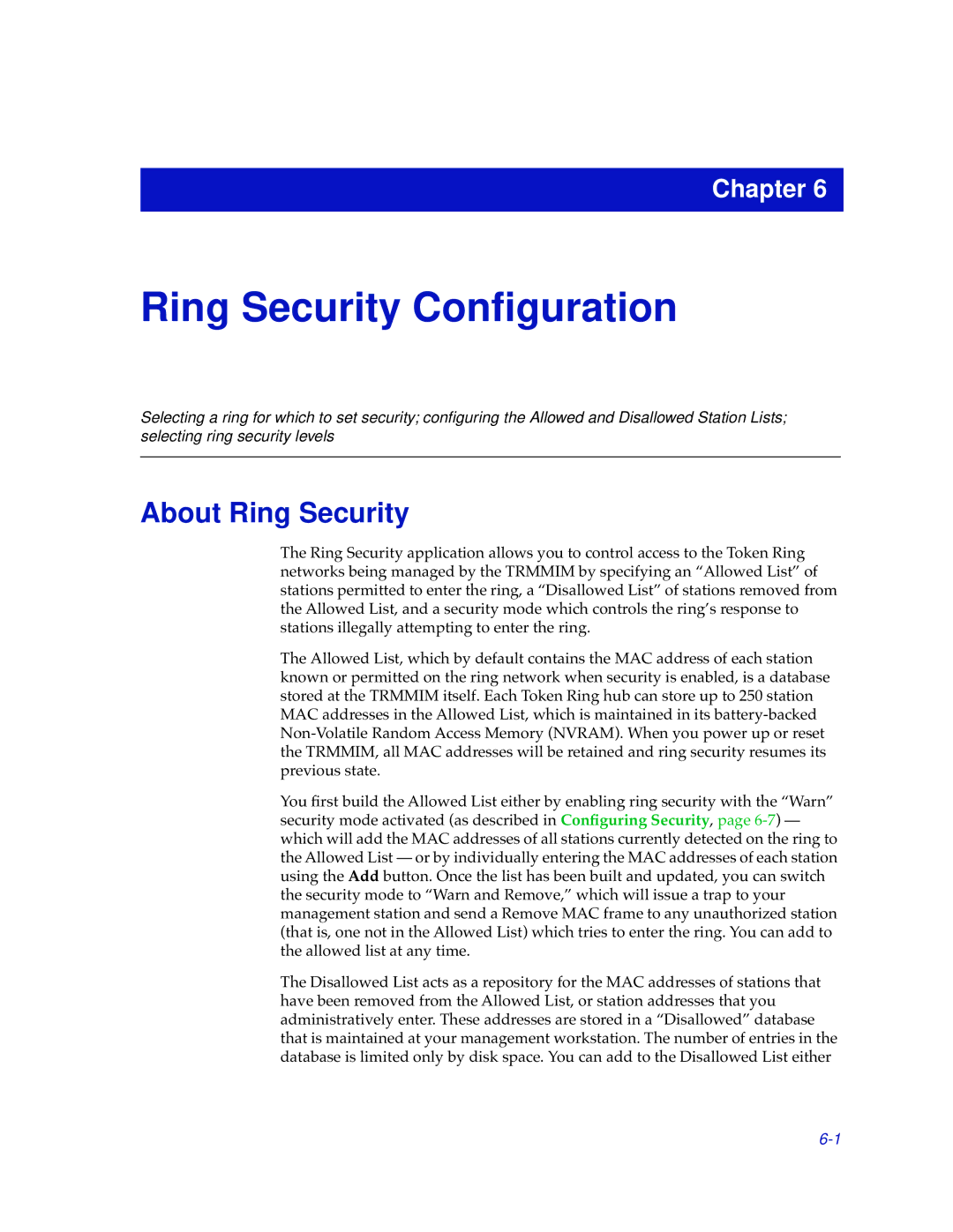 Cabletron Systems TRMMIM manual Ring Security Conﬁguration, About Ring Security 