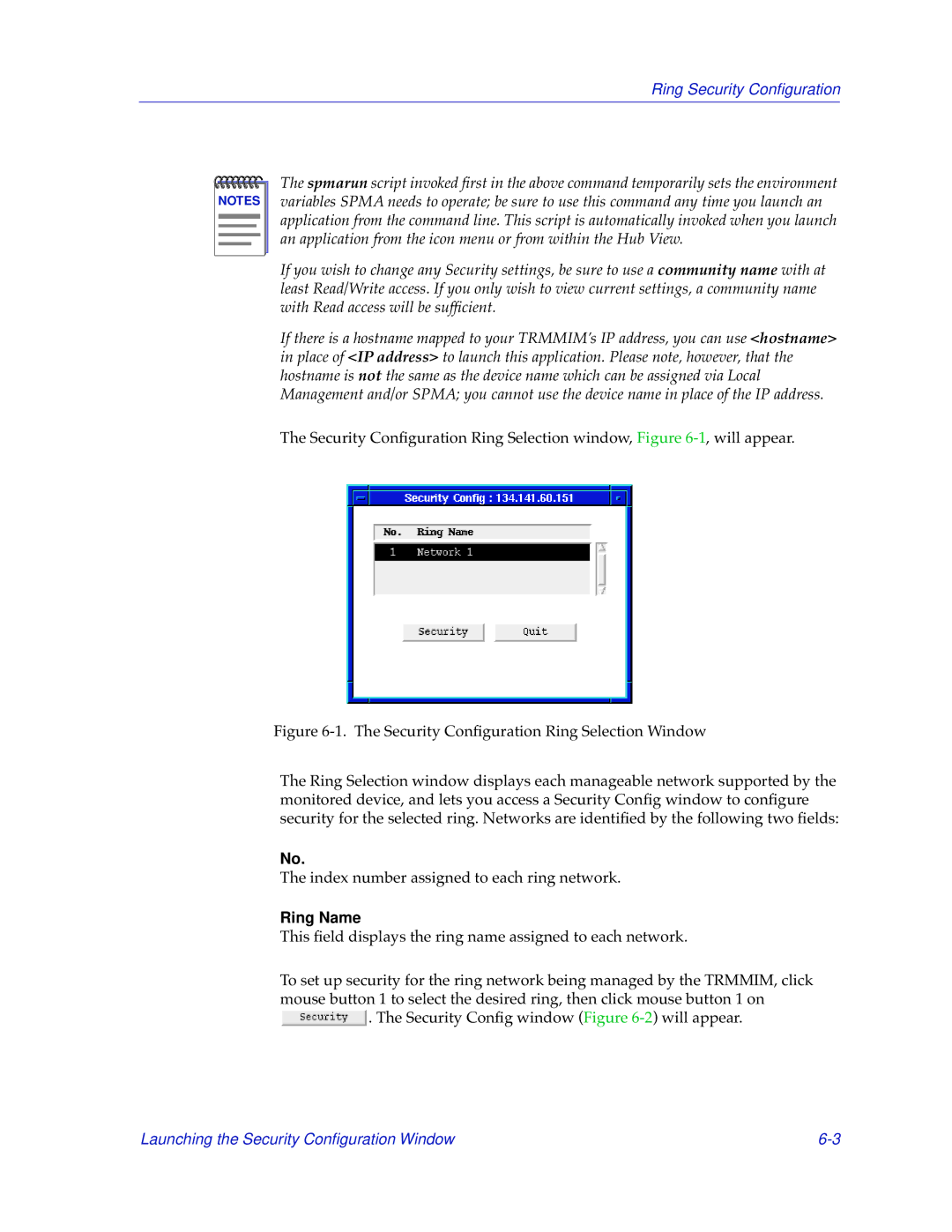 Cabletron Systems TRMMIM manual Security Conﬁguration Ring Selection window, -1, will appear 