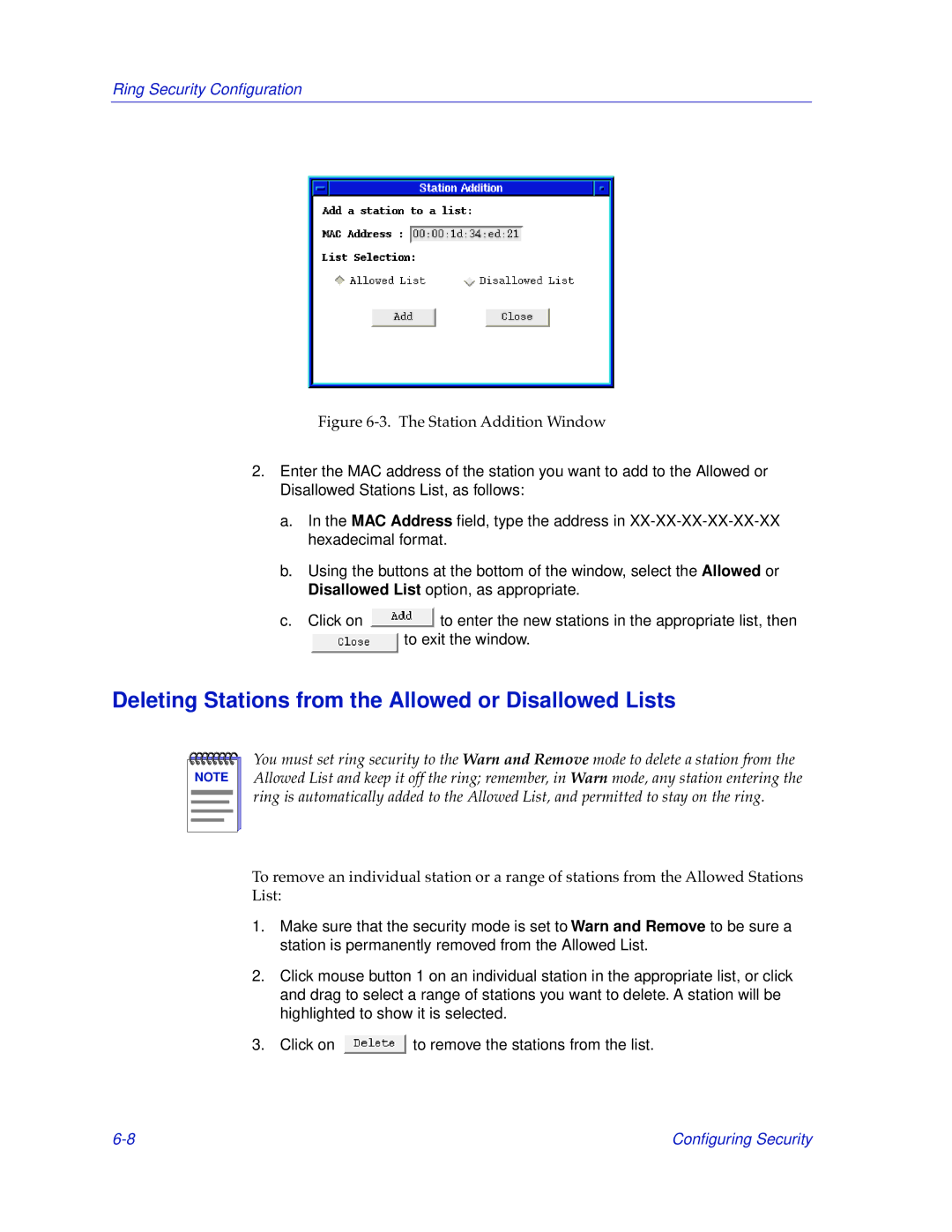 Cabletron Systems TRMMIM manual Deleting Stations from the Allowed or Disallowed Lists, Station Addition Window 