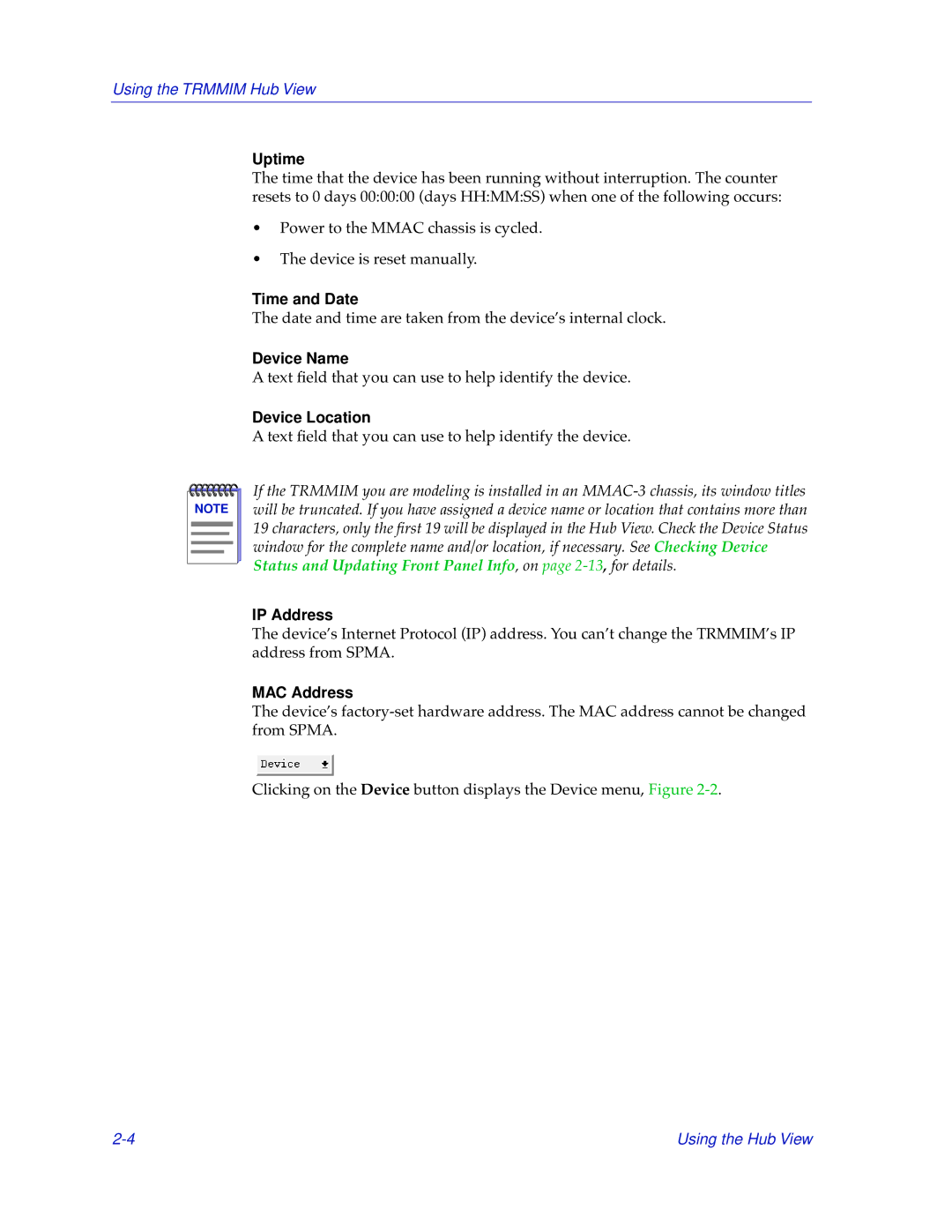 Cabletron Systems TRMMIM manual Uptime, Time and Date, Device Name, Device Location, IP Address, MAC Address 